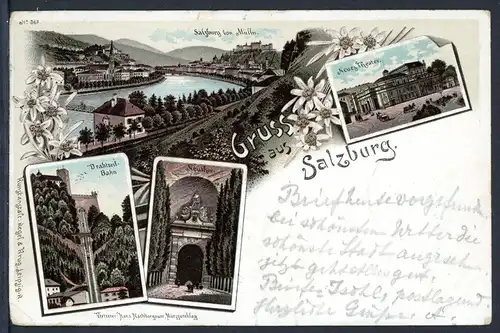 AK Salzburg, Südtirol Drahtseilbahn, Neutor, Salzach, Neues Theater 1896 #HU278