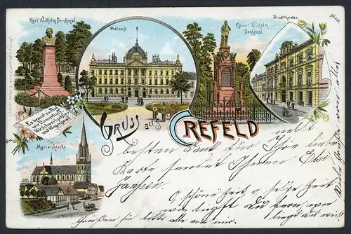 AK Krefeld, Postamt, Marienkirche, Kaiser Wilhelm Denkmal, Theater 1897 #HU433