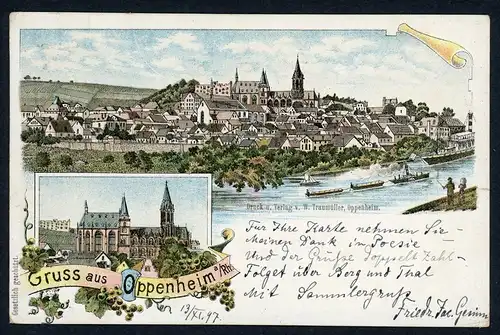 AK Oppenheim Ldkr. Mainz-Bingen Stadtpanorama über den Rhein 1897 #HU478