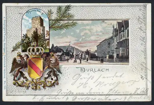 AK Durlach Karlsruhe Thurmberg, Wappen, Strassenansicht 1901 #HU495