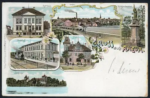 AK Rheda Rathaus, Post, Schloss, Bahnhof, Kriegerdenkmal #HU500