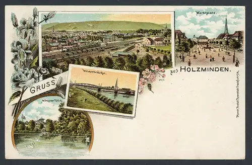 AK Holzminden Mittlerer Teich, Weserbrücke, Marktplatz, Panorama um1900 #HU396