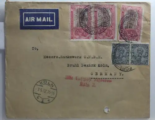 Indien auf Brief als Mischfrankatur von 1932 von Bombay nach Köln #BA418