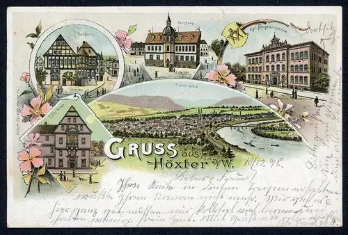AK Höxter Tilly-Haus, Baugewerbeschule, Rathaus, Dechanei, Panorama 1898 #HU395