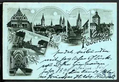 AK Paderborn Paderquelle, Rathaus, Dom, Gymnasium um 1900 #HU446