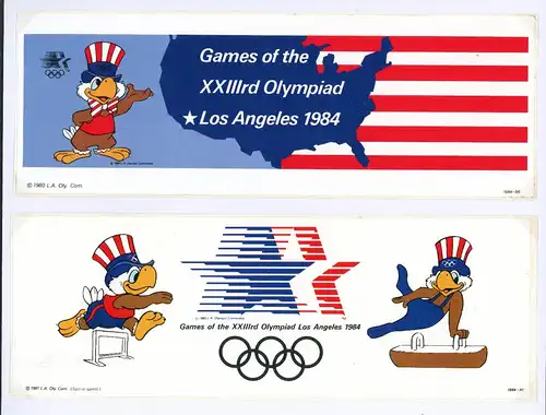 Olymp. Spiele Los Angeles 1984 2 offiz. Maskottchen-Aufkleber #JG526