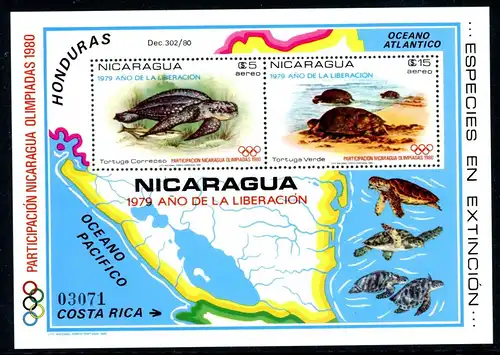 Nicaragua Bl 114 postfrisch Schildkröten, Olympia 1980 #IA143