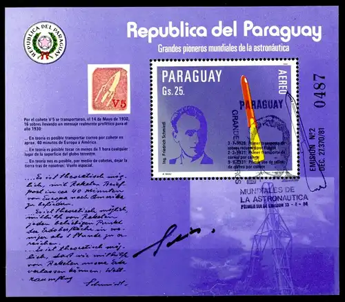 Paraguay Bl 401 gestempelt Raumfahrt, Autogramm Schmiedl #IA136