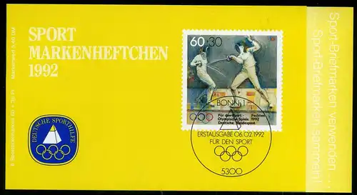 Bund Sport Markenheftchen 1992 mit 1592 Berlin Ersttagssonderstempel #IS689