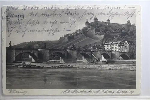 AK Würzburg Alte Mainbrücke m. Festung Marienberg Feldpost 1918 #PI417