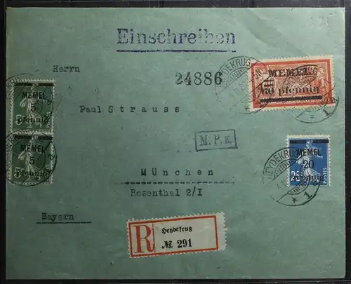 Memel 2x 18, 20, 24 auf Brief als Mischfrankatur als E-Brief nach München #BB001