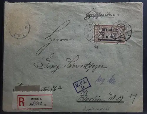 Memel auf Brief als Einzelfrankatur E-Brief Berlin, Brief nicht komplett #BB062
