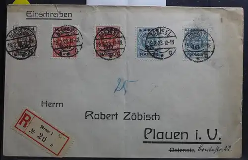 Memel 124-128 auf Brief als Mischfrankatur als E-Brief nach Plauen #BB179