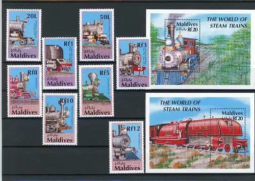 Malediven 1478-1485, Block 179-180 postfrisch Eisenbahn #IX084