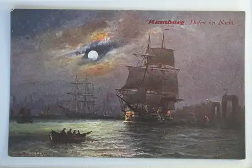 AK Hamburg Künstlerkarte - Hafen bei Nacht #PJ079