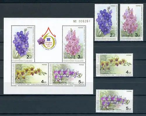 Thailand 1179-1182 + Block 17 postfrisch Orchideen, Blumen #JK324