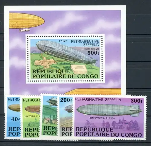 Kongo Brazza. 577-581, Block 11 postfrisch Zeppelin #JK947