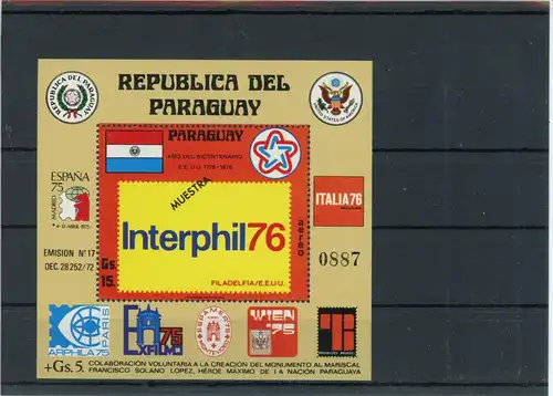 Paraguay Block 275 postfrisch Briefmarkenausstellung #JK875