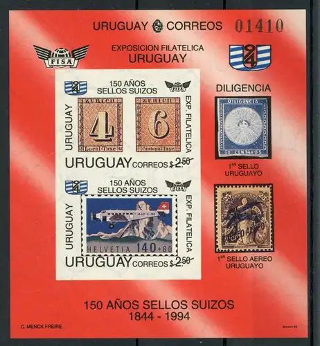 Uruguay Block 61 postfrisch Flugzeug, Schweiz #JM487