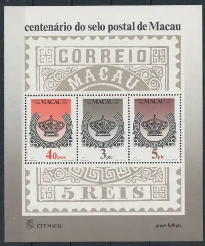 Macau Block 2 postfrisch 100 J. Briefmarke #JL300
