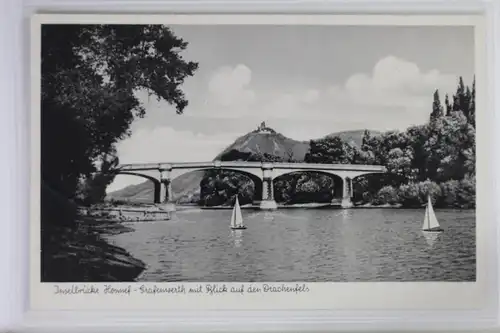 AK Inselbrücke Honnef-Grafenwerth mit Blick a. d. Drachenfels #PK385