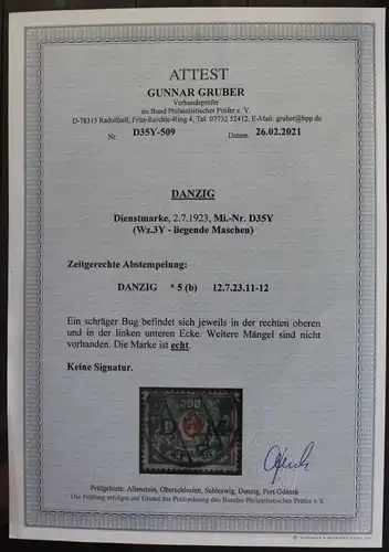 Danzig Dienstmarke 35Y gestempelt mit aktuellem Fotoattest Gruber BPP #VZ465