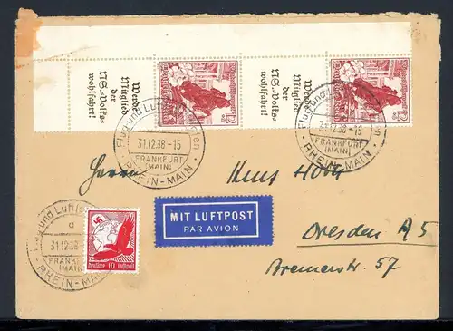 Deutsches Reich Zusammendruck S 254 auf Luftpost Mischfrankatur #JM038