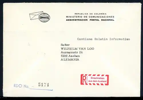 Kolumbien vom kolumbianischen Postministerium nach Deutschland R-Brief #JM068
