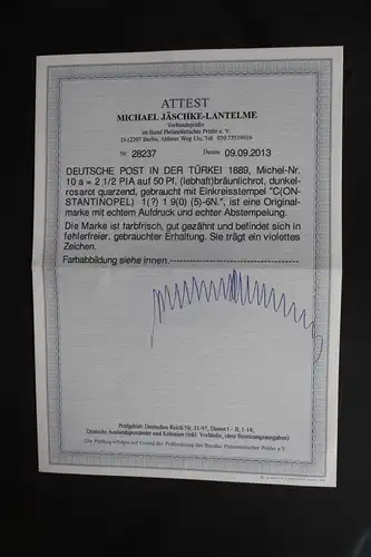 Deutsche Auslandspostämter Türkei 10a gestempelt mit Fotoattest Jäschke #WH454