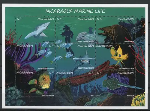 Nicaragua ZD Bogen mit 3809-3817 postfrisch Fische #1B423