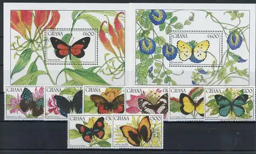 Ghana 1354-1361, Block 153-154 postfrisch Schmetterlinge #GL665