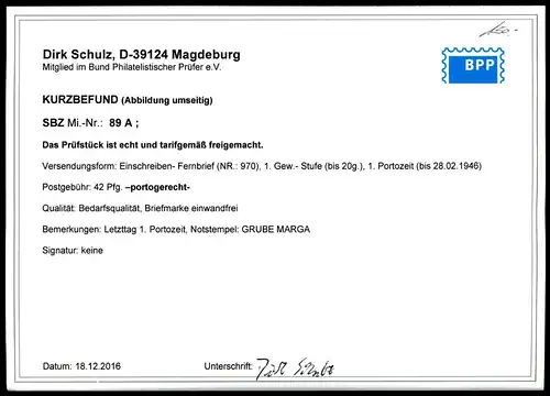 SBZ Provinz Sachsen 89 A Notst. Grube Marga geprüft Schulz R-Brief #HE697