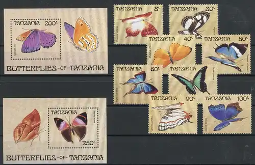 Tansania 498-505, Block 81-82 postfrisch Schmetterling #Schm965