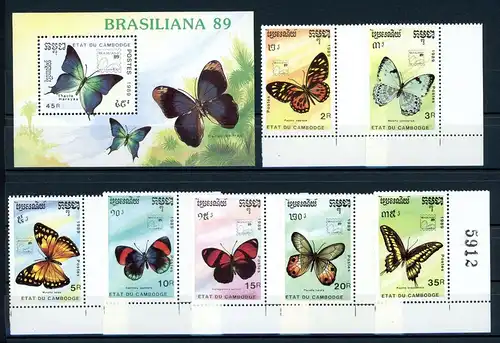 Kambodscha 1075-1081 + Bl. 170 postfrisch Schmetterlinge #HE599