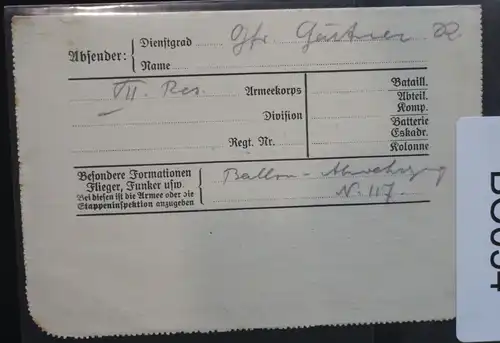Feldpostbrief Stempel „S.B. B.A.K. Zug Nr. 117 - 7.Res.Korps" #BC054