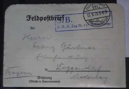 Feldpostbrief Stempel „S.B. B.A.K. Zug Nr. 117 - 7.Res.Korps" #BC054