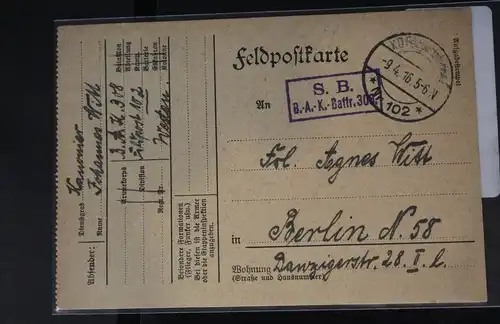 Feldpostkarte Stempel "S.B. B.-A.-K.-Battr. 308“ #BC040