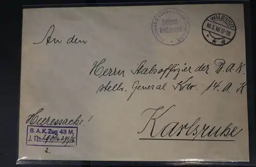 Feldpostbrief Stempel „B.A.K. Zug 43M" Kastenstempel Heeressache! #BC051