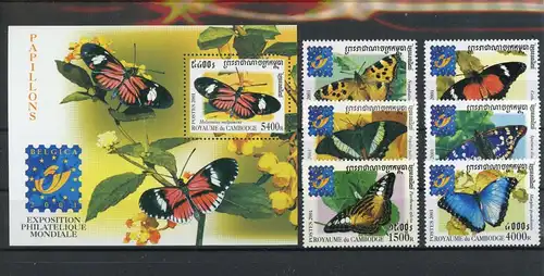 Kambodscha 2186-2191, Block 283 postfrisch Schmetterling #Schm1195
