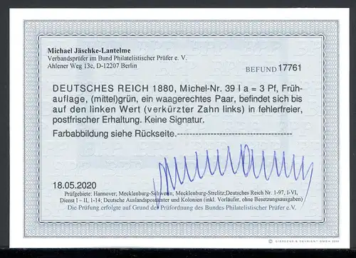 Deutsches Reich waag, Paar 39 I a postfrisch Kurzbefund Jäschke-L. #1B733