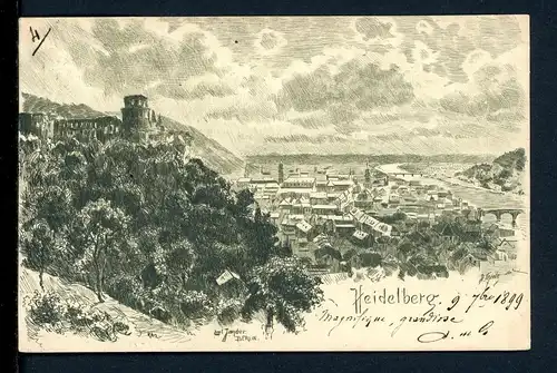 AK Heidelberg Schloß u. Totalansicht (Zeichnung) 1899 #1B698