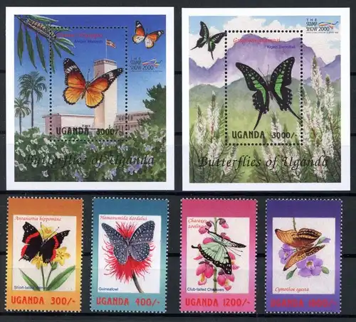 Uganda 2219-2222, Klb., Block 321-322 postfrisch Schmetterling #Schm1309