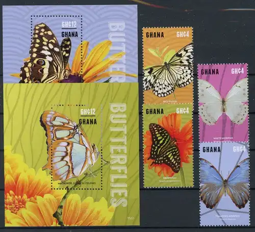 Ghana 4610-4613, Block 569-570 postfrisch Schmetterling #GK003