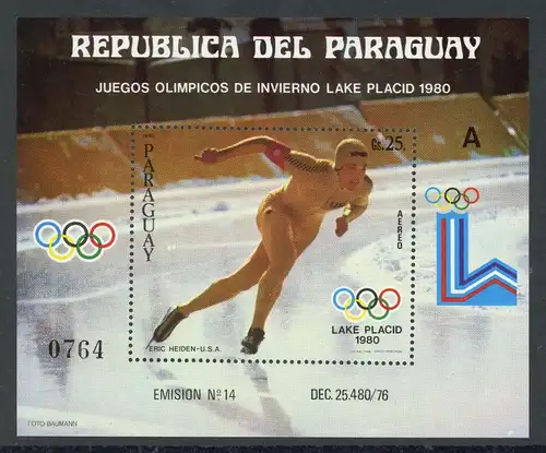 Paraguay Block 352 postfrisch Olympia 1980 Lake Placid #HE753