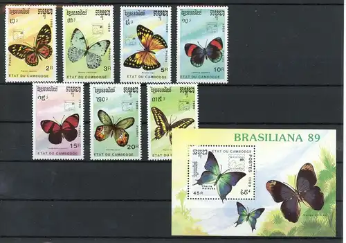 Kambodscha 1075-1081, Block 170 postfrisch Schmetterlinge #Schm1829