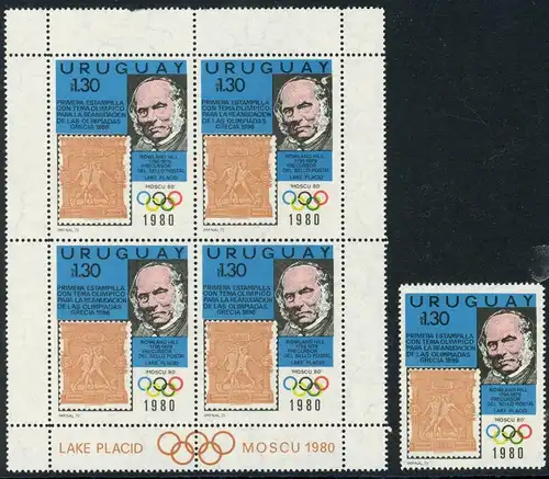 Uruguay 4er Block + Einzelmarke 1538 postfrisch Olympia 1980 #HE816