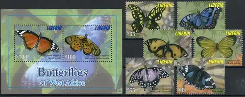 Liberia Kleinbogen 5963-5968, Block 606 postfrisch Schmetterling #Schm1884