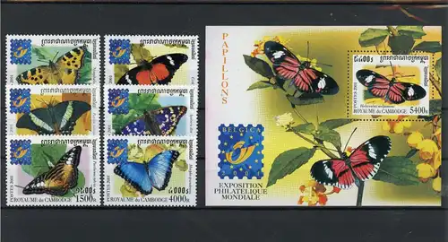 Kambodscha 2186-2191, Block 283 postfrisch Schmetterlinge #Schm1836
