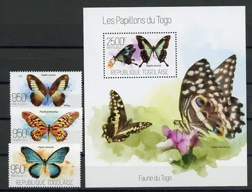 Togo Einzelmarken 5239-5241 + Bl. 869 postfrisch Schmetterling #HF459