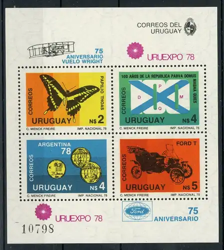Uruguay Block 40 postfrisch Schmetterling #HF389